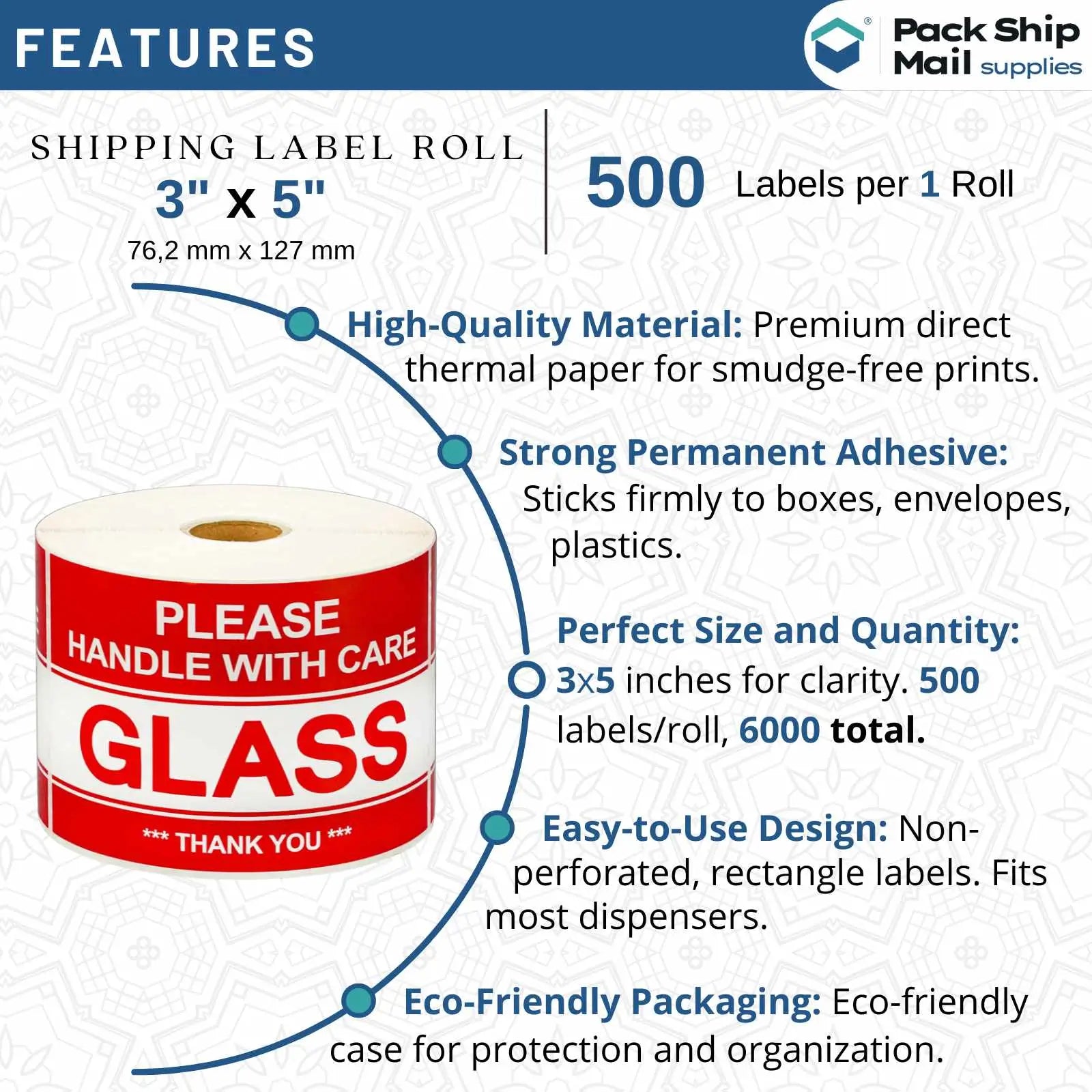 Twelve rolls of 3 by 5-inch GLASS specialty labels with a 1-inch core, neatly arranged in a case.