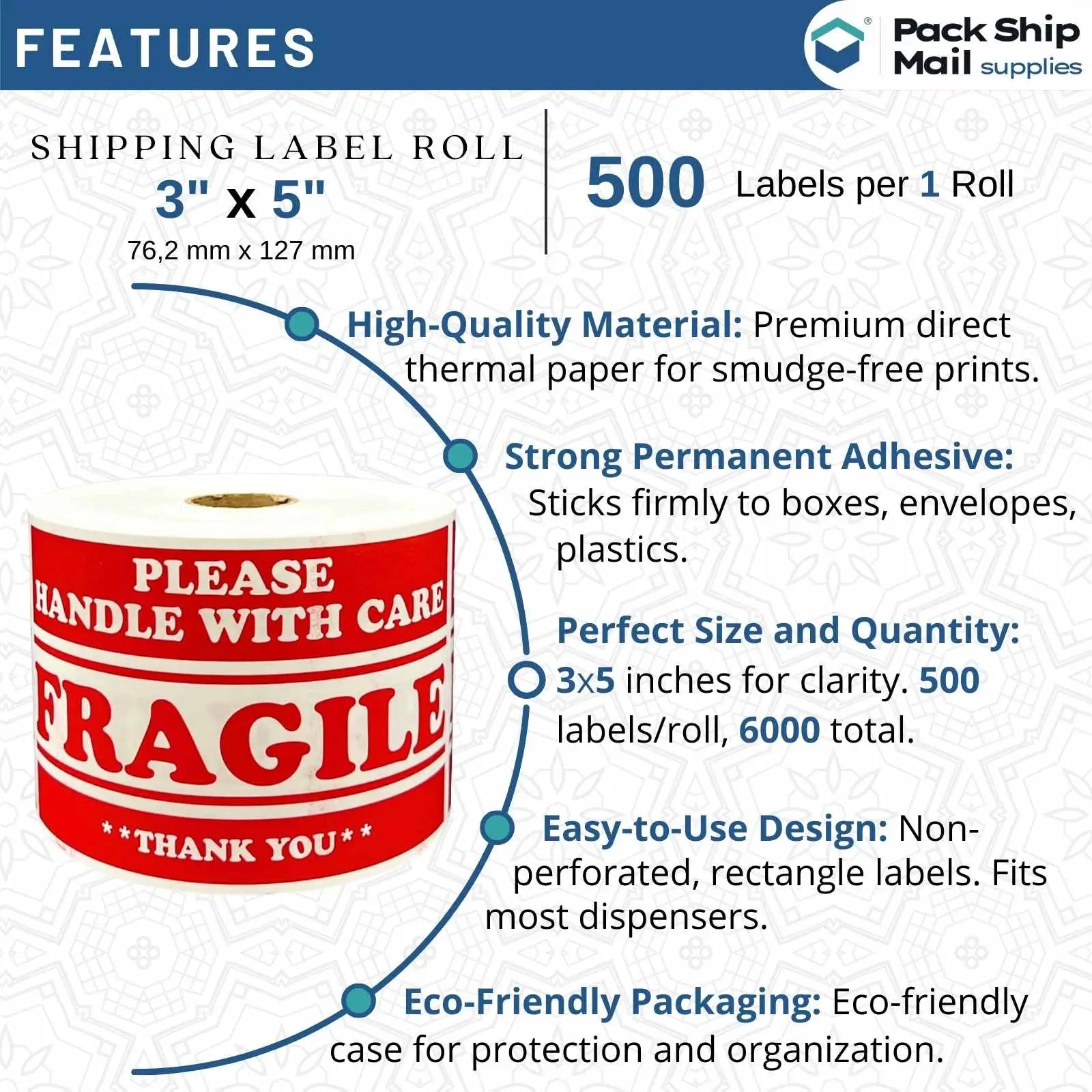 Twelve rolls of 5-inch by 3-inch FRAGILE specialty labels with a 1-inch core size, packaged in a case.