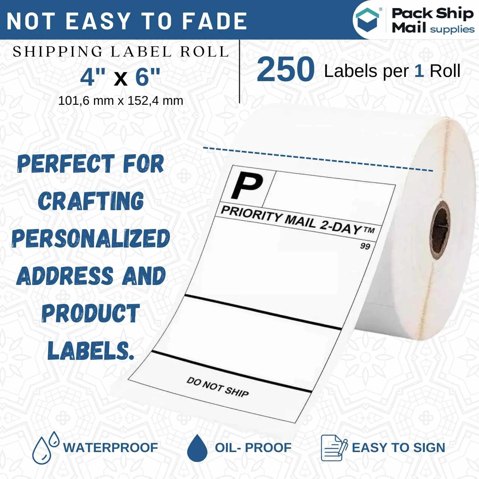 Four rolls of 4-inch by 6-inch white direct thermal transfer labels, each with a 1-inch core size, packaged in a case.