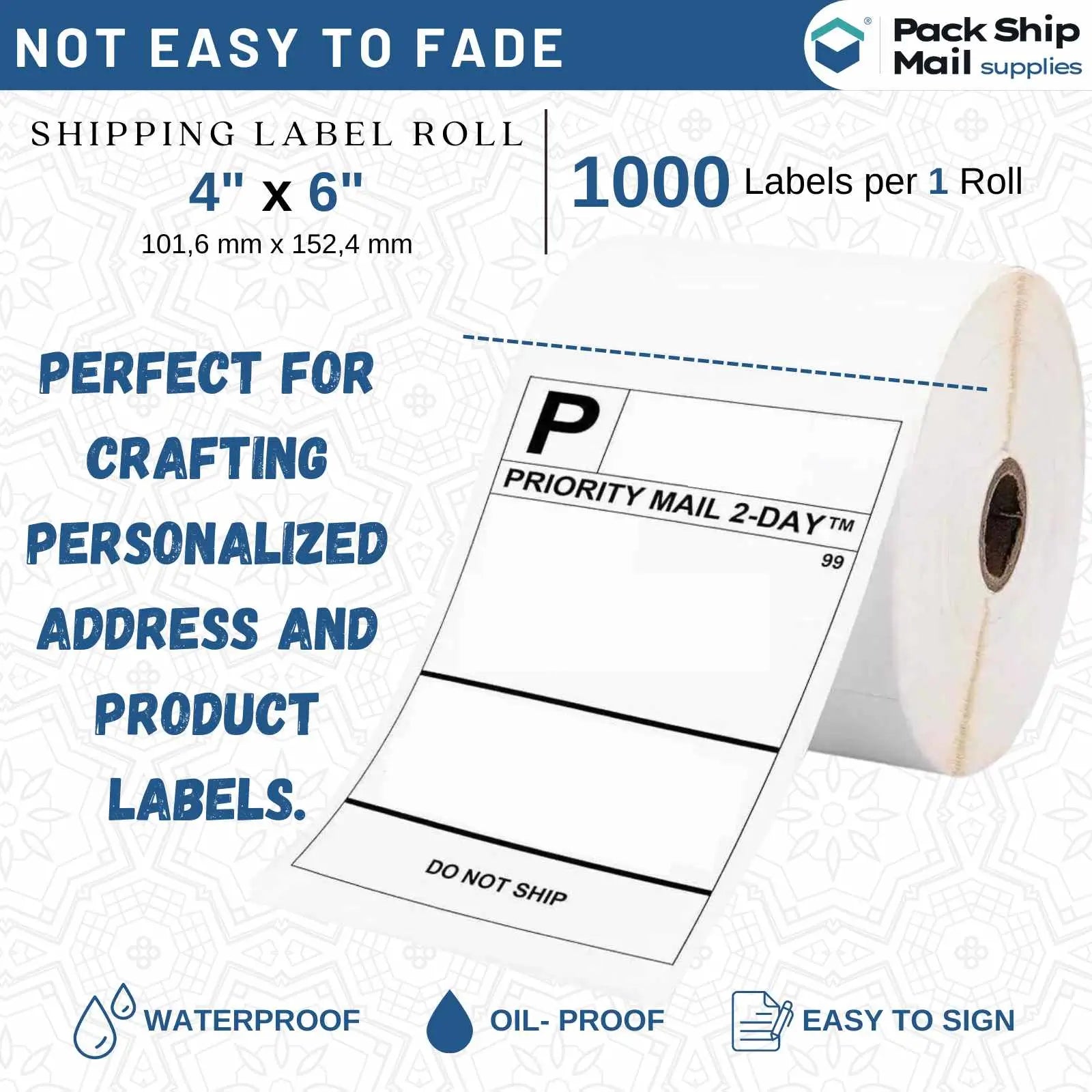 Four rolls of 4 by 6-inch white direct thermal transfer labels with a 3-inch core, neatly packaged in a case.