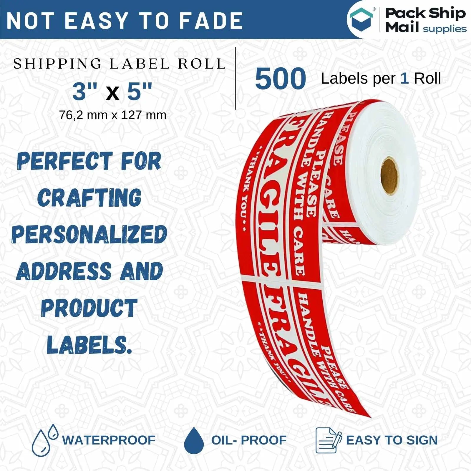 Twelve rolls of 5-inch by 3-inch FRAGILE specialty labels with a 1-inch core size, packaged in a case.