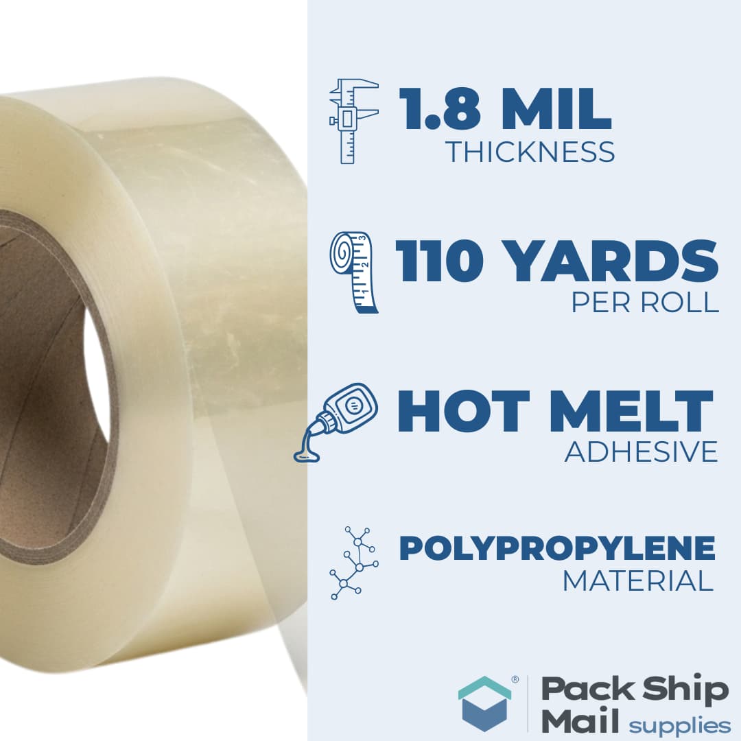 An infographic detailing the technical specifications of our clear packing tape, including its MIL thickness and length per roll.