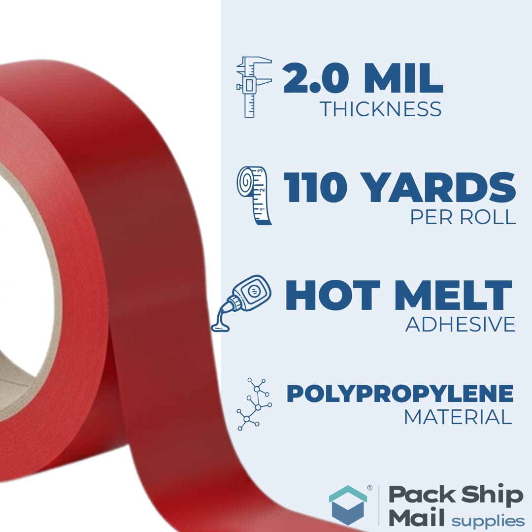 An infographic detailing the technical specifications of our red packing tape, including its MIL thickness and length per roll.