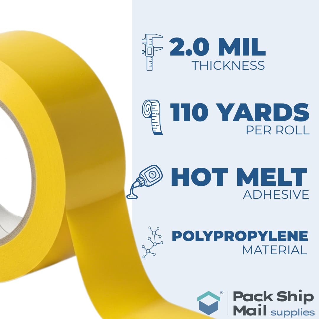 An infographic detailing the technical specifications of our yellow packing tape, including its MIL thickness and length per roll.