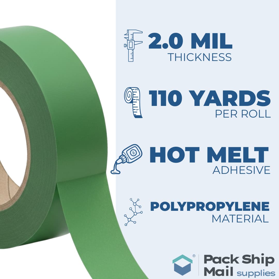 An infographic detailing the technical specifications of our green packing tape, including its MIL thickness and length per roll.