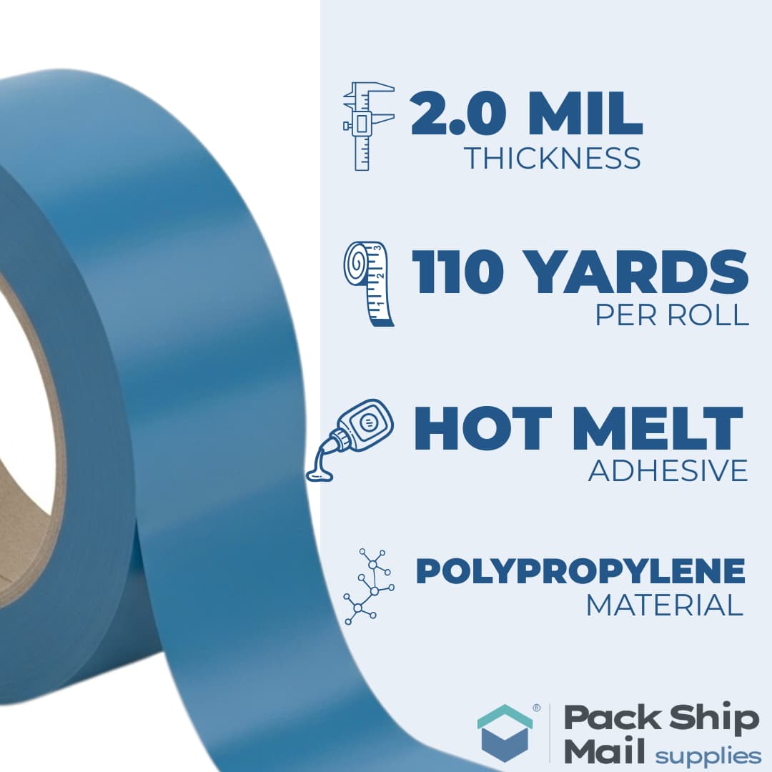 An infographic detailing the technical specifications of our blue packing tape, including its MIL thickness and length per roll.