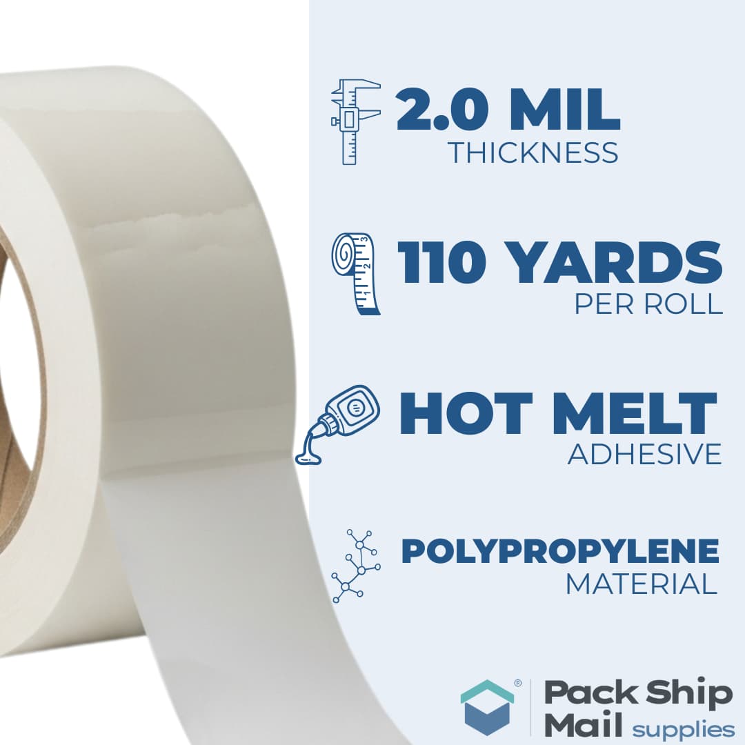 An infographic detailing the technical specifications of our white packing tape, including its MIL thickness and length per roll.