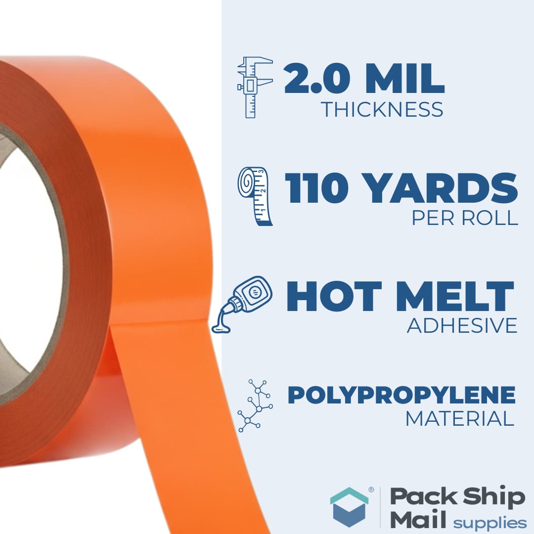 An infographic detailing the technical specifications of our orange packing tape, including its MIL thickness and length per roll.