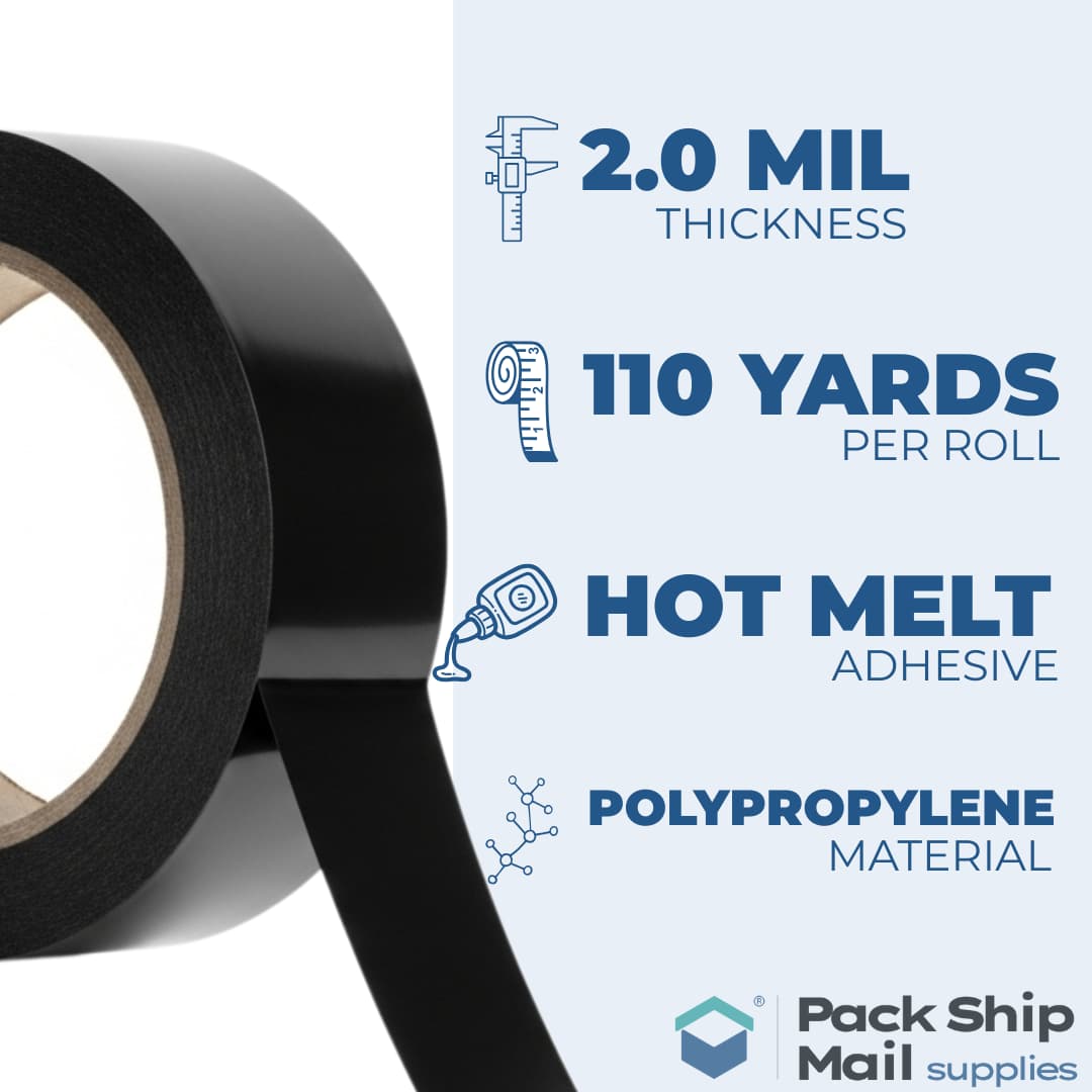 An infographic detailing the technical specifications of our black packing tape, including its MIL thickness and length per roll.