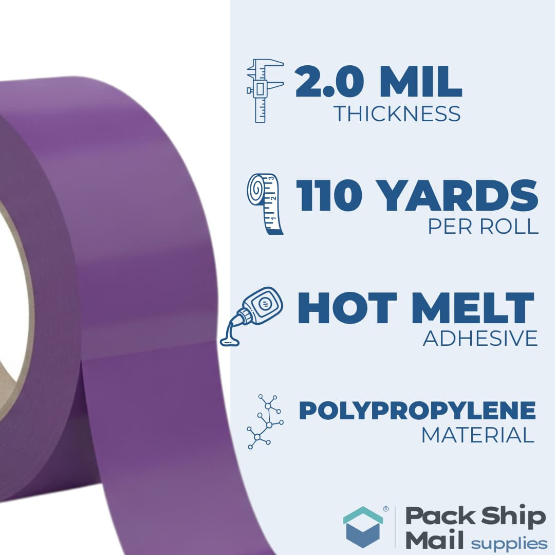 An infographic detailing the technical specifications of our purple packing tape, including its MIL thickness and length per roll.