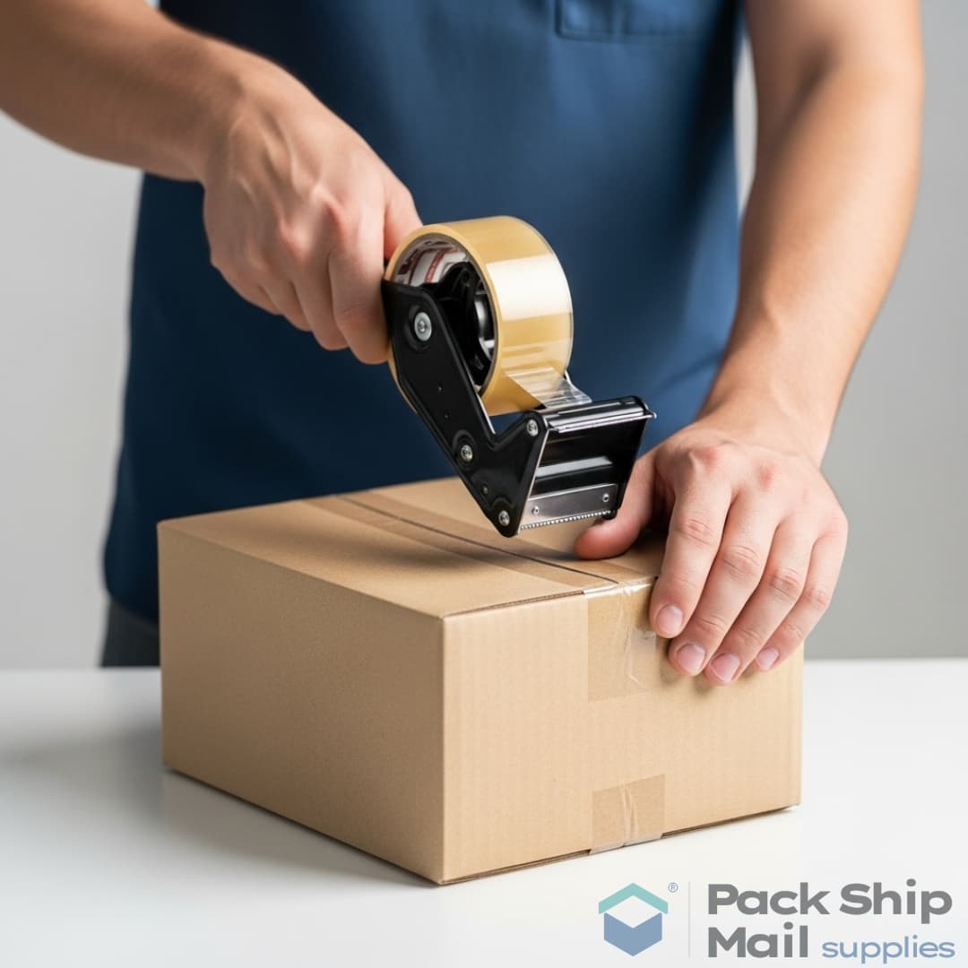 A person using a tape dispenser to apply clear packing tape to securely seal a cardboard shipping box.