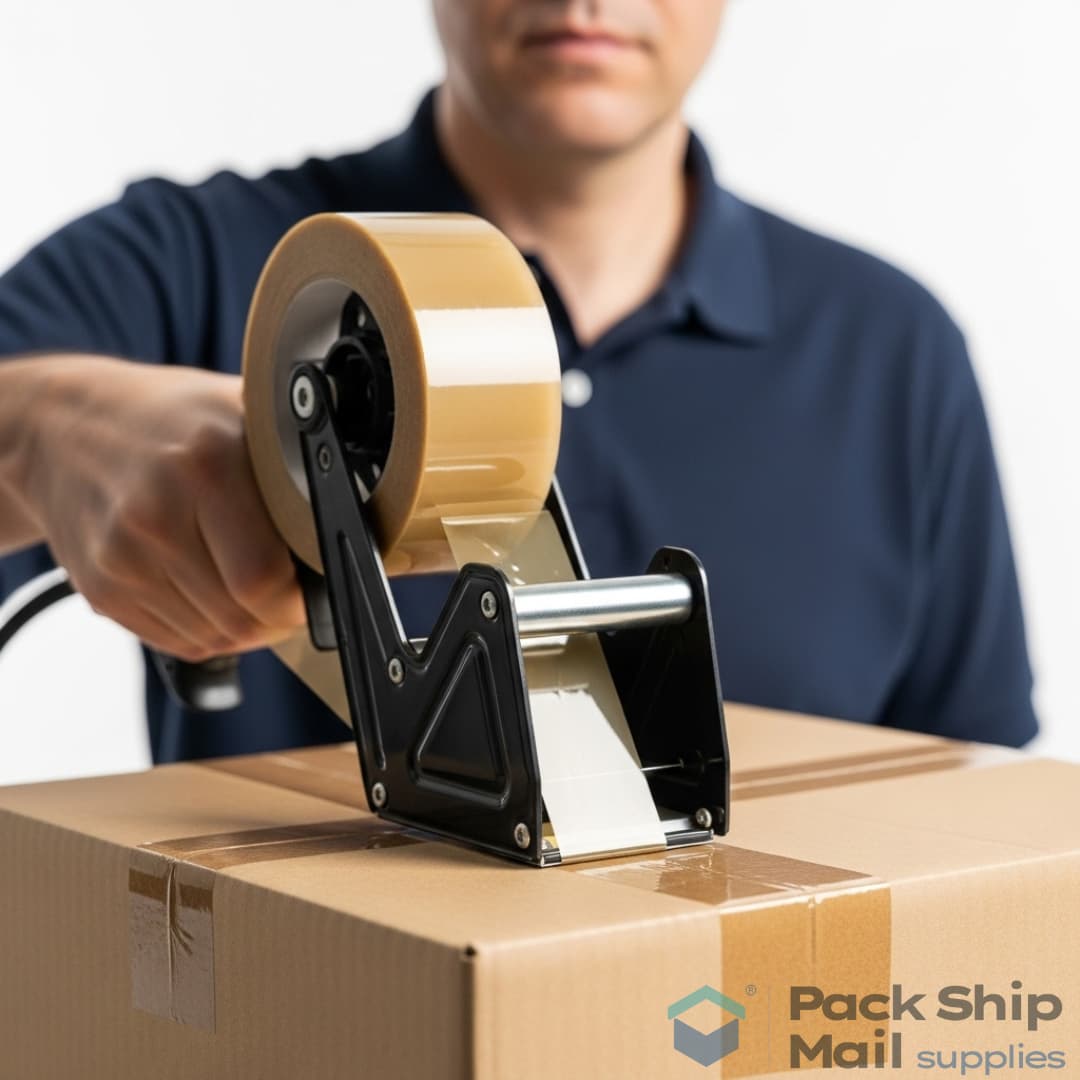 A person using a tape dispenser to apply tan packing tape to securely seal a cardboard shipping box.