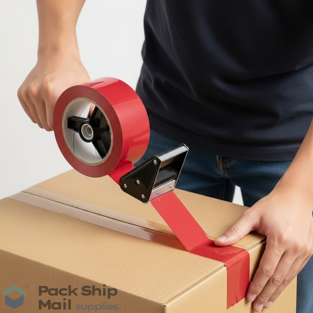A person using a tape dispenser to apply red packing tape to securely seal a cardboard shipping box.
