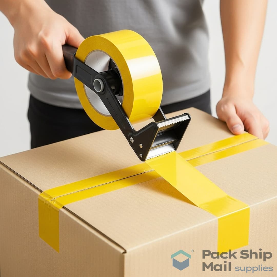 A person using a tape dispenser to apply yellow packing tape to securely seal a cardboard shipping box.