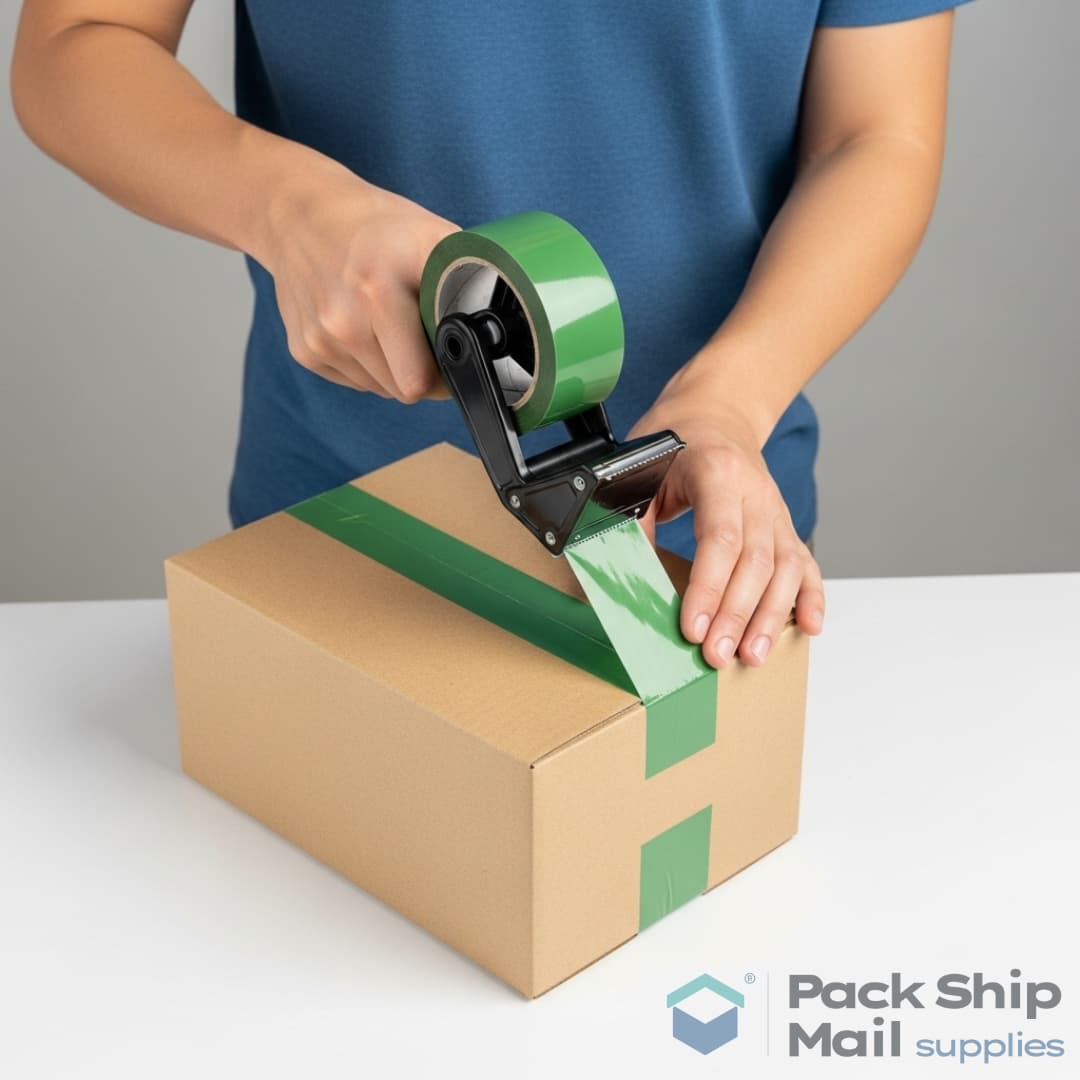 A person using a tape dispenser to apply green packing tape to securely seal a cardboard shipping box.