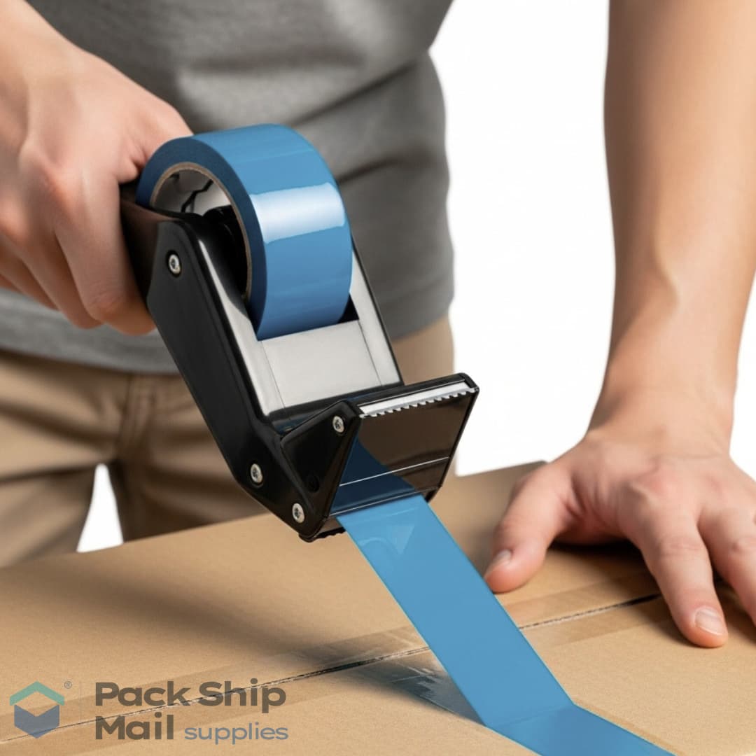 A person using a tape dispenser to apply blue packing tape to securely seal a cardboard shipping box.