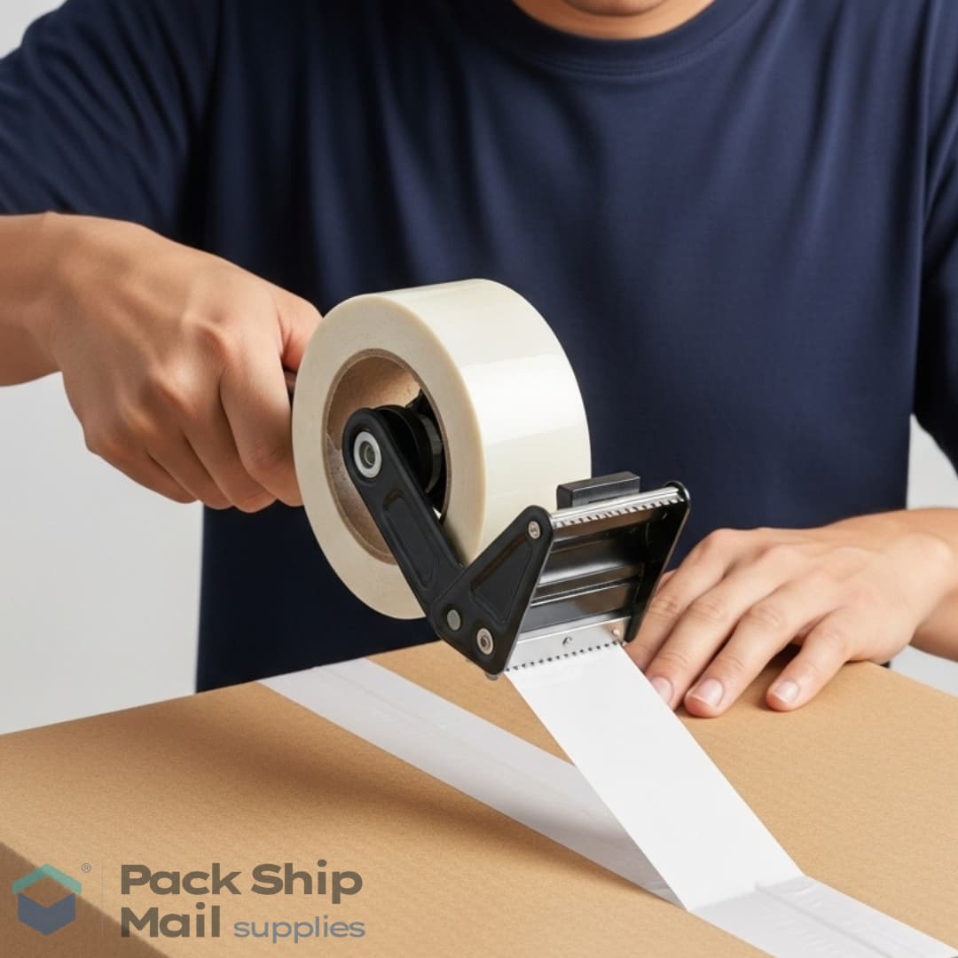 A person using a tape dispenser to apply white packing tape to securely seal a cardboard shipping box.