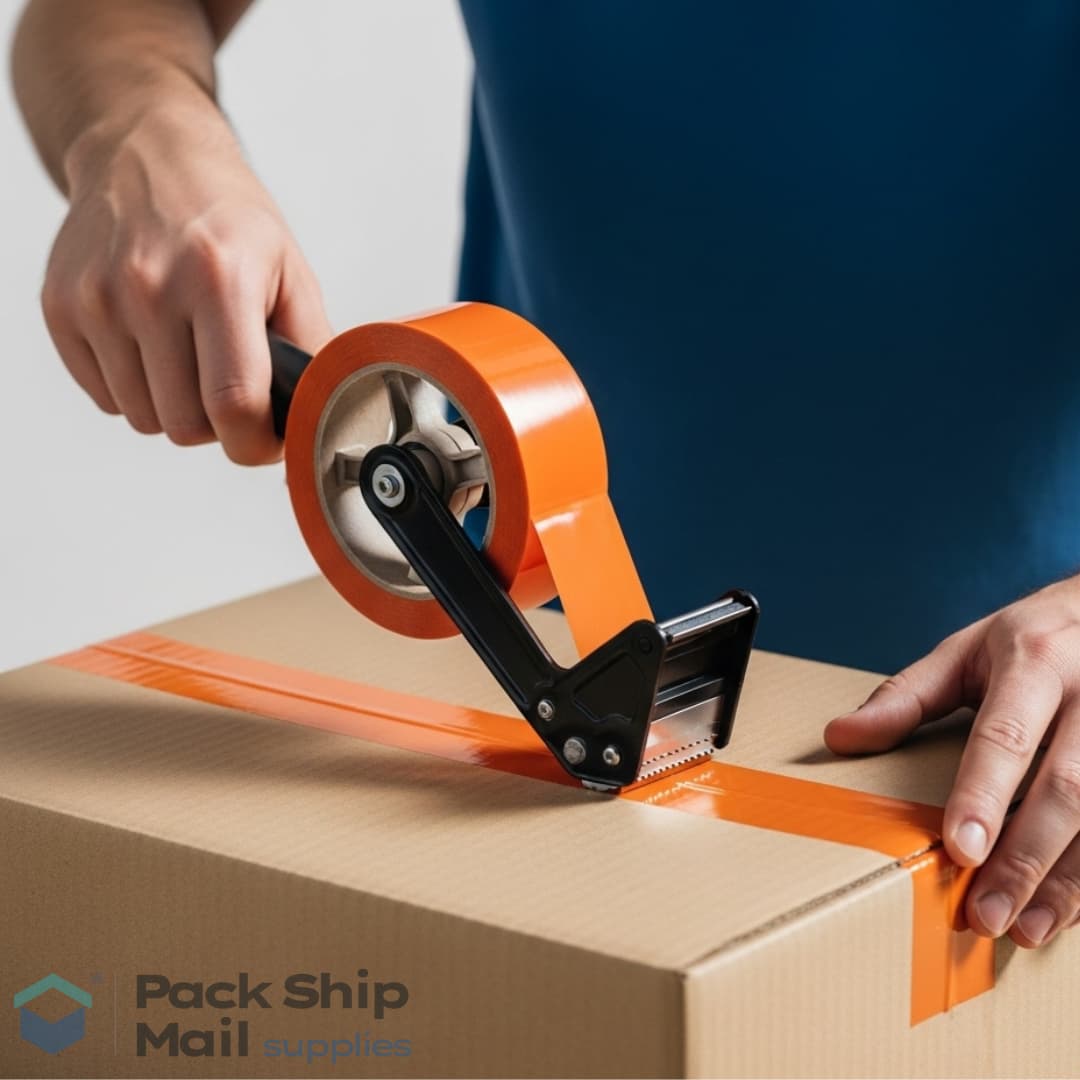 A person using a tape dispenser to apply orange packing tape to securely seal a cardboard shipping box.
