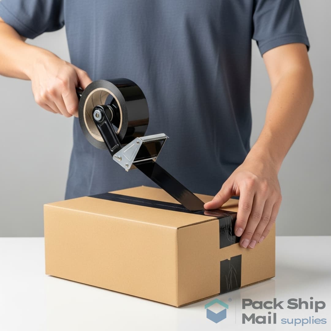 A person using a tape dispenser to apply black packing tape to securely seal a cardboard shipping box.