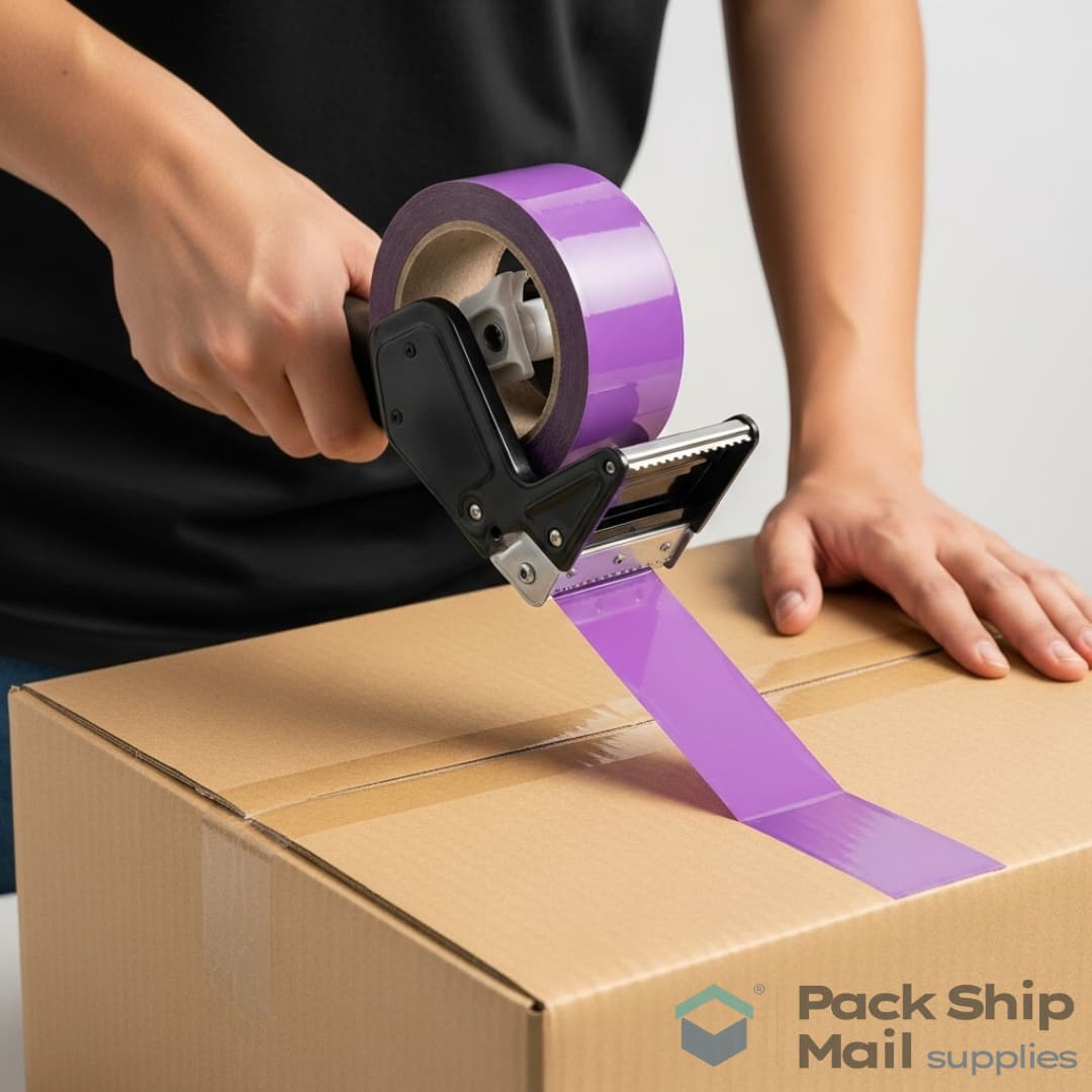 A person using a tape dispenser to apply purple packing tape to securely seal a cardboard shipping box.