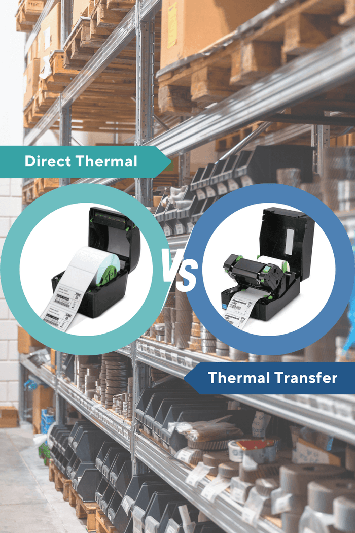Comparison of Direct Thermal vs. Thermal Transfer Labels in a warehouse and retail setting. Shows barcode durability, cost efficiency, and logistics applications.