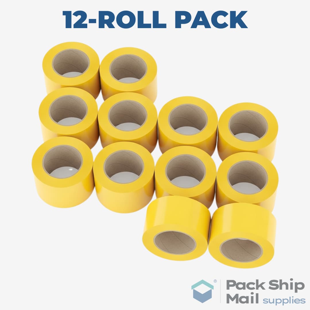 A neatly stacked pack of 12 rolls of yellow heavy-duty carton sealing tape.