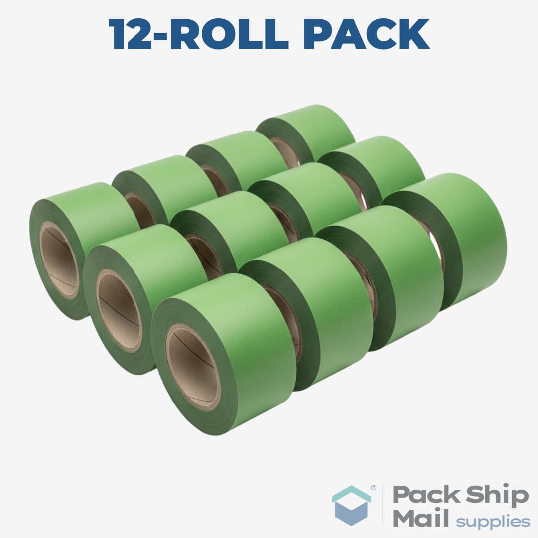 A neatly stacked pack of 12 rolls of green heavy-duty carton sealing tape.