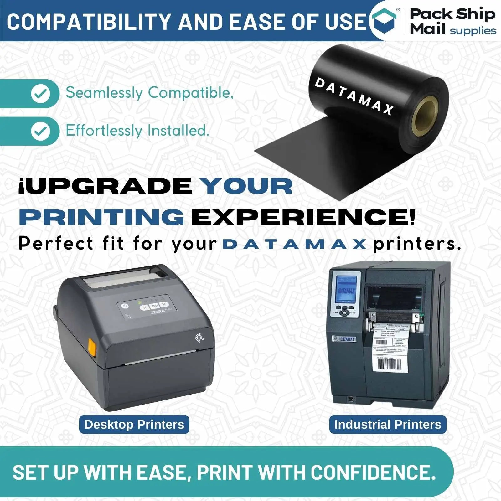 Eight rolls of 4.33" x 1181' black Datamax-compatible thermal transfer ribbon, neatly showcased to highlight the per-case quantity and printer compatibility.