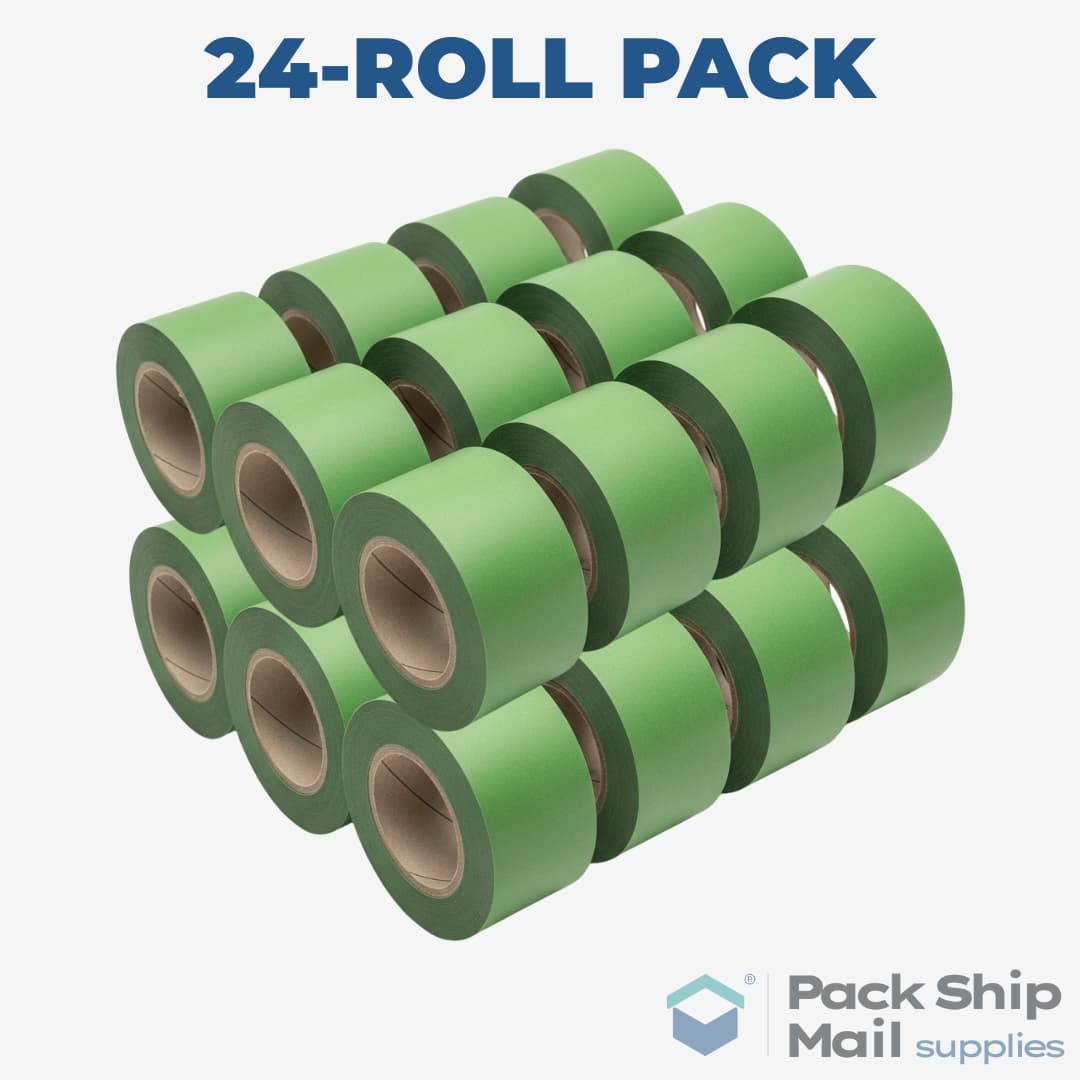 A full case containing 24 individual rolls of green carton sealing tape.