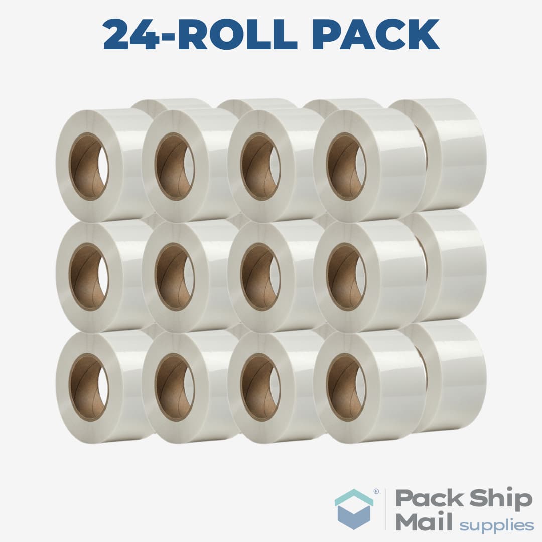 A full case containing 24 individual rolls of white carton sealing tape.