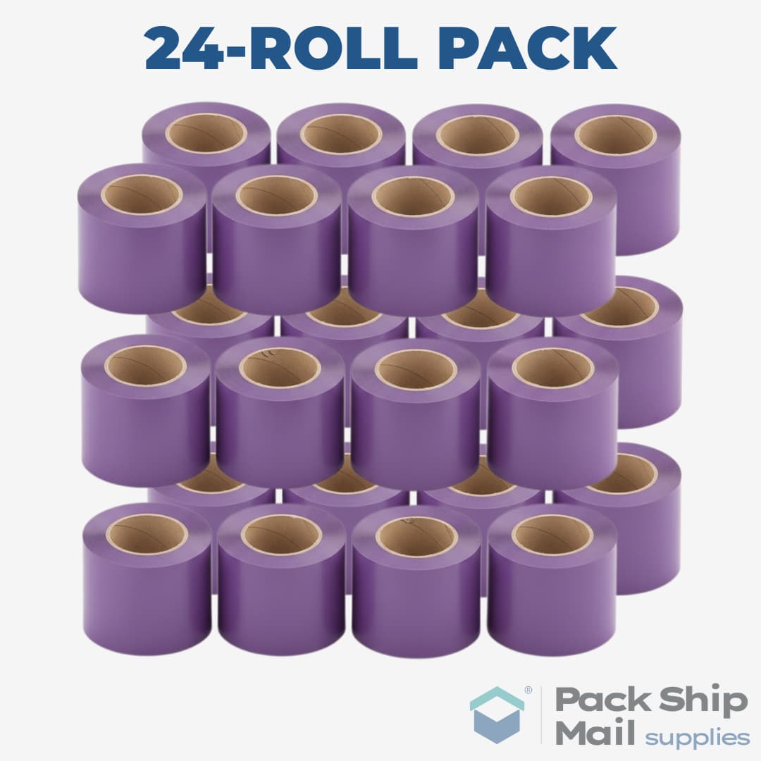 A full case containing 24 individual rolls of purple carton sealing tape.