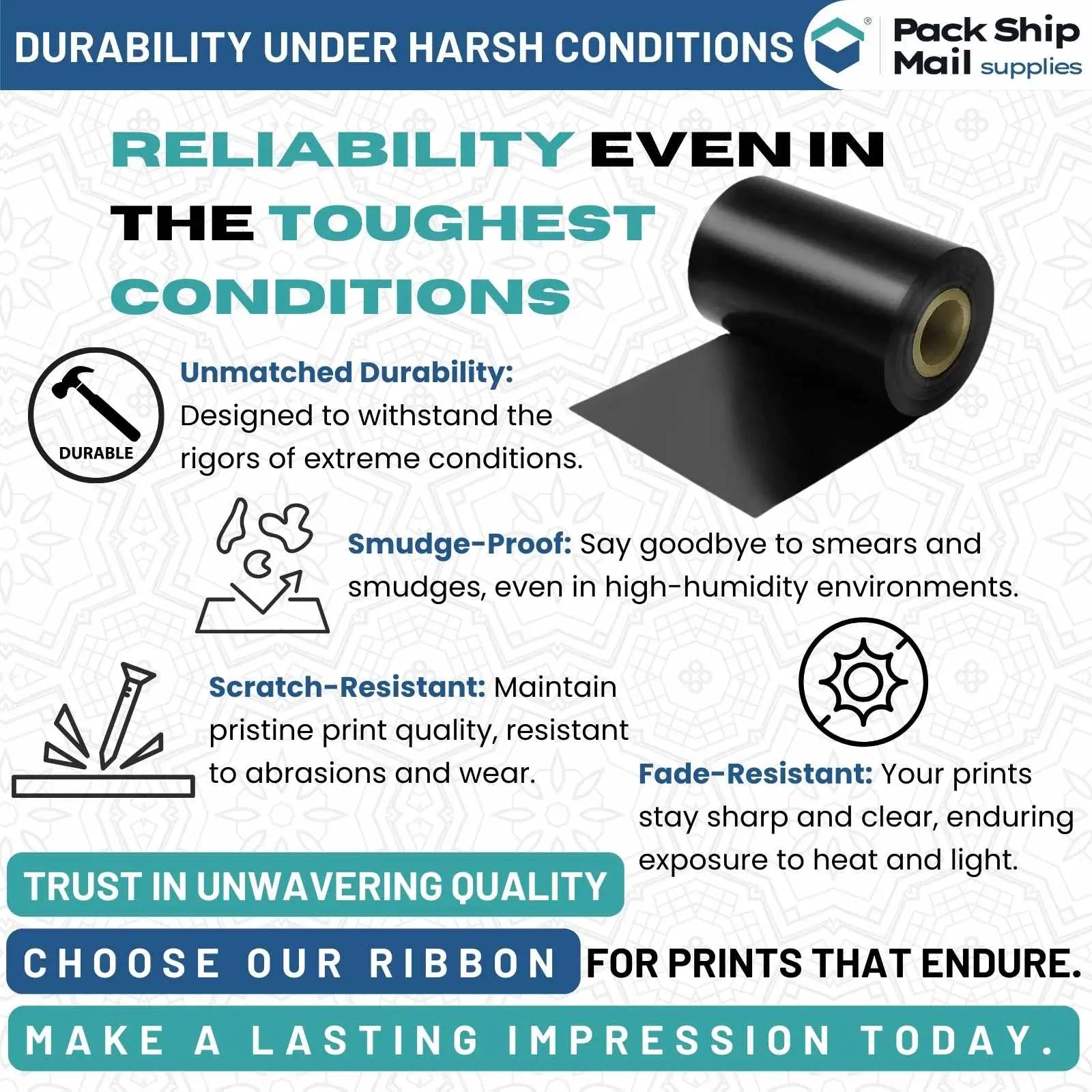 Twenty-four rolls of 4.33-inch by 1476-feet black Zebra thermal transfer ribbon, stored in a case.