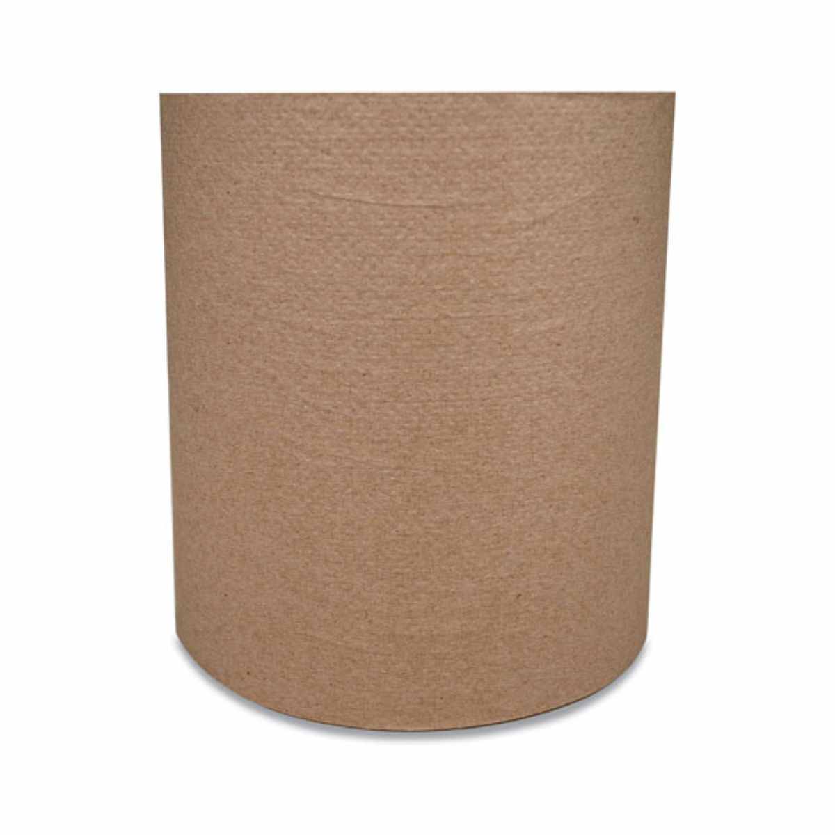 Six rolls of hardwound brown paper towel, packaged together in a case.