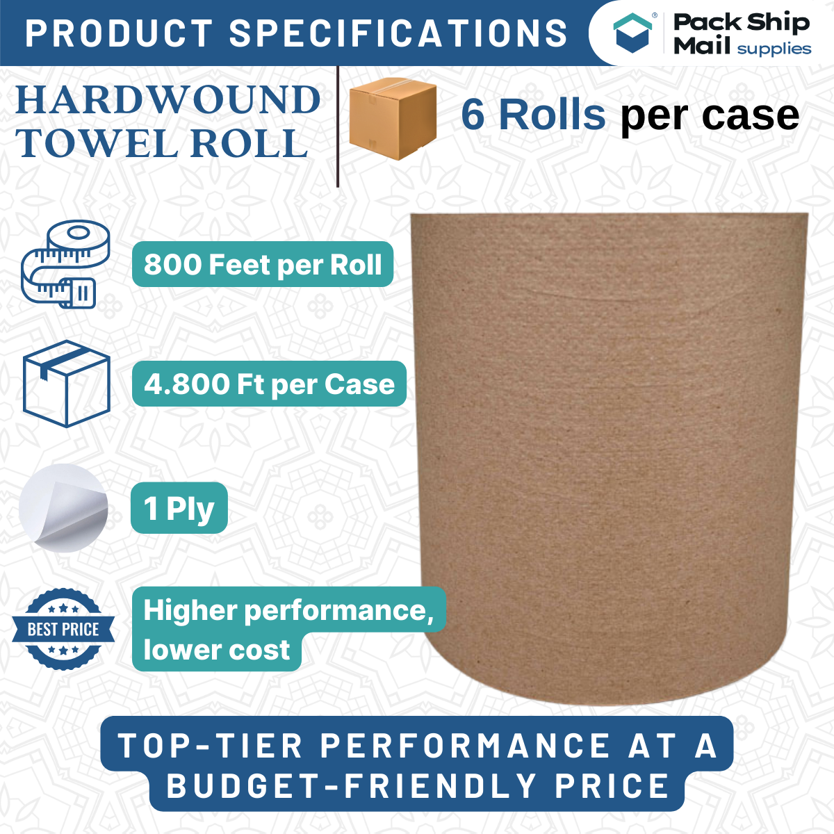 Six rolls of hardwound brown paper towel, packaged together in a case.