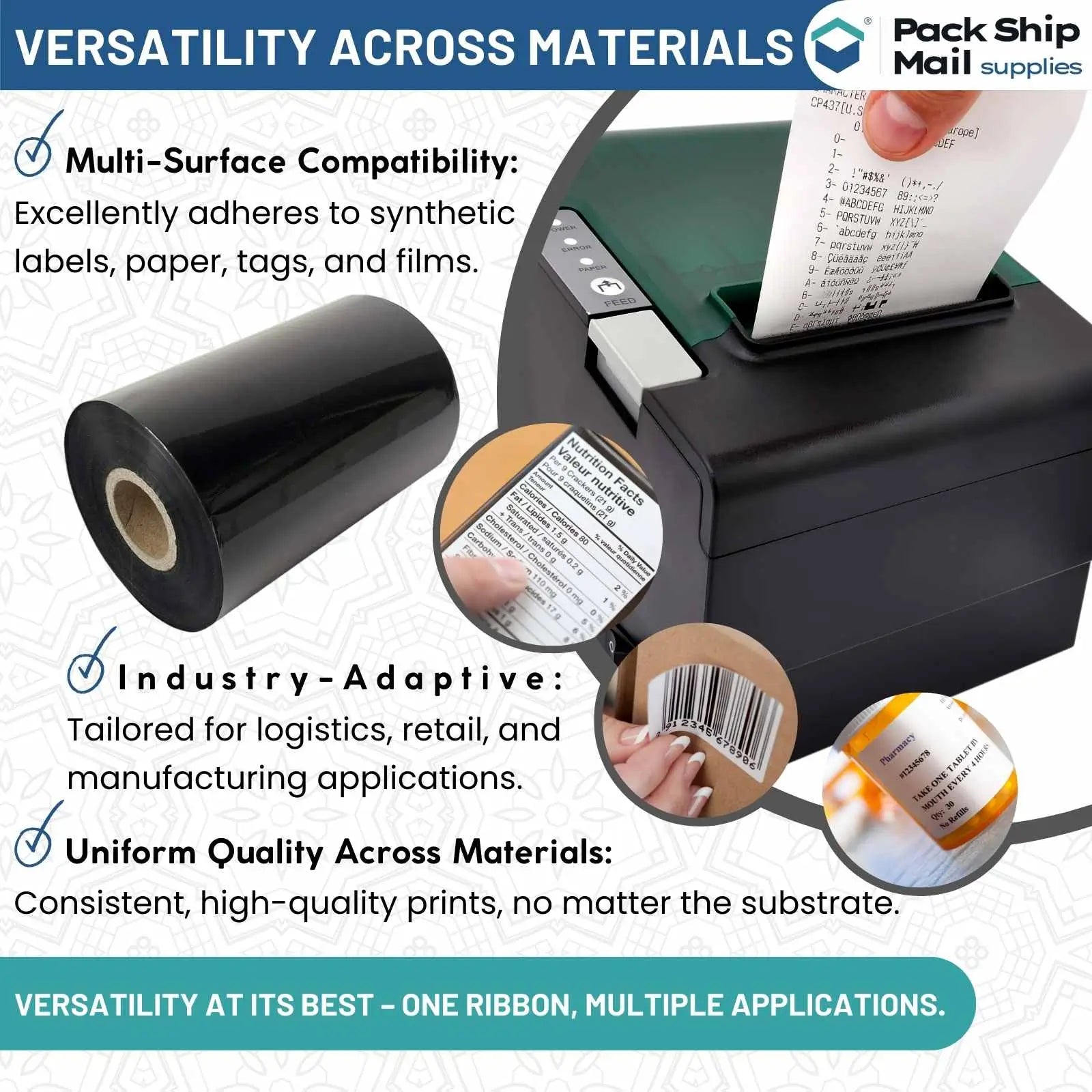 Twenty-four rolls of 4.33-inch by 1476-feet black Zebra thermal transfer ribbon, stored in a case.