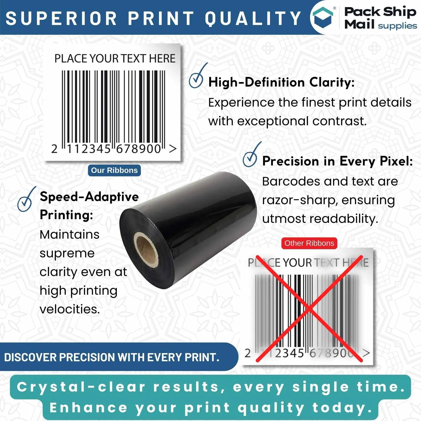 Twenty-four rolls of 4.33-inch by 1476-feet black Zebra thermal transfer ribbon, stored in a case.