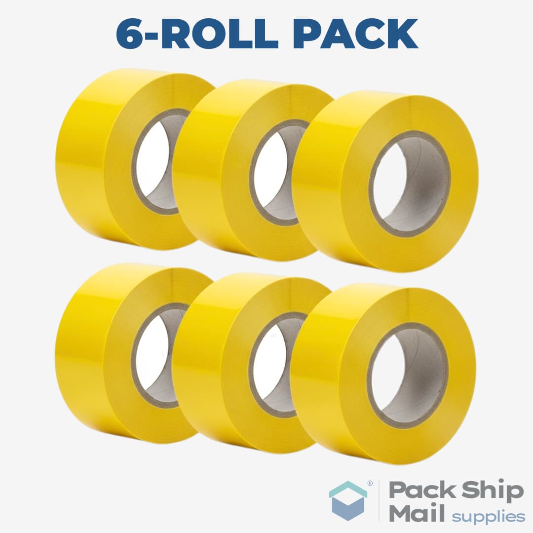 A neatly stacked pack of 6 rolls of yellow heavy-duty carton sealing tape.