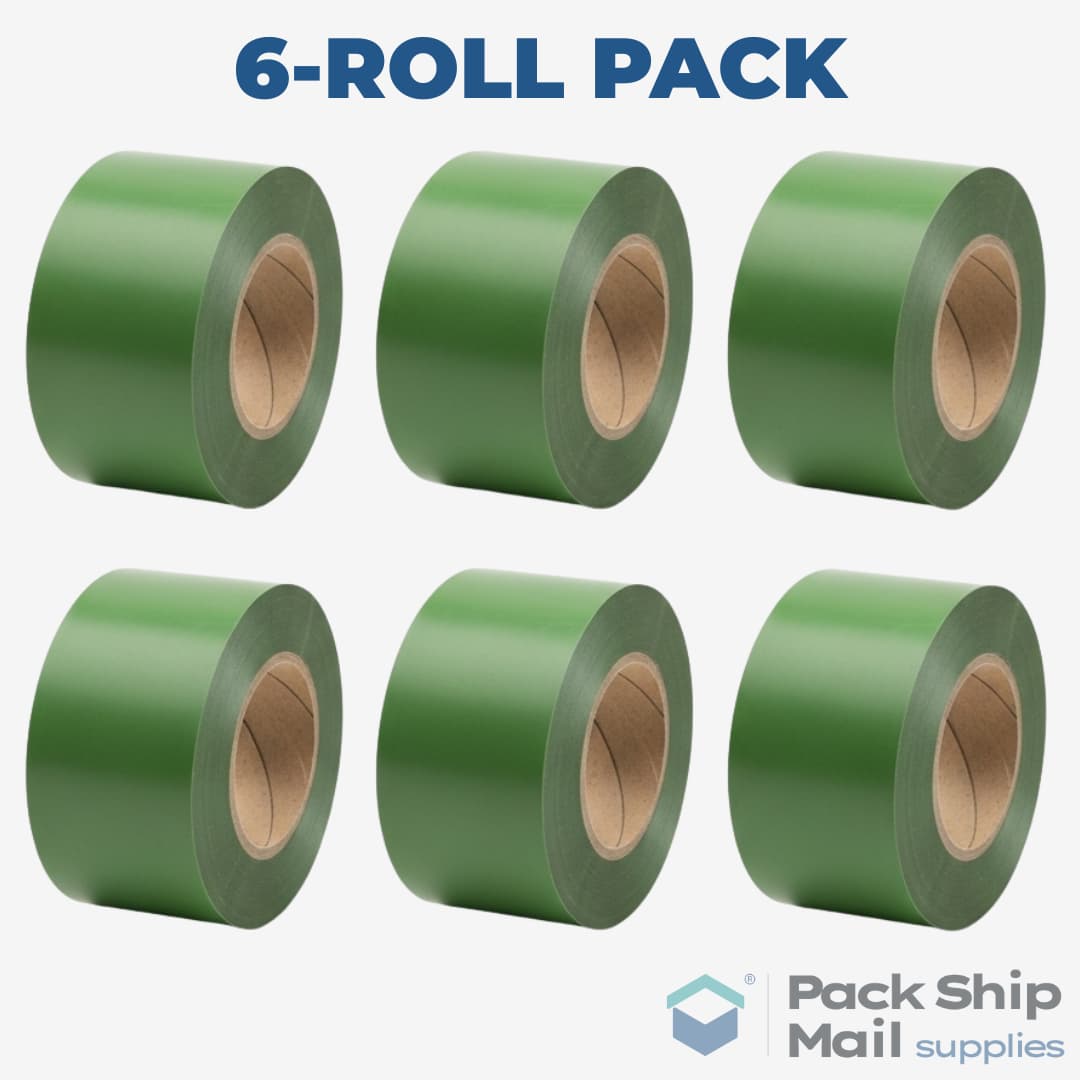 A neatly stacked pack of 6 rolls of green heavy-duty carton sealing tape.