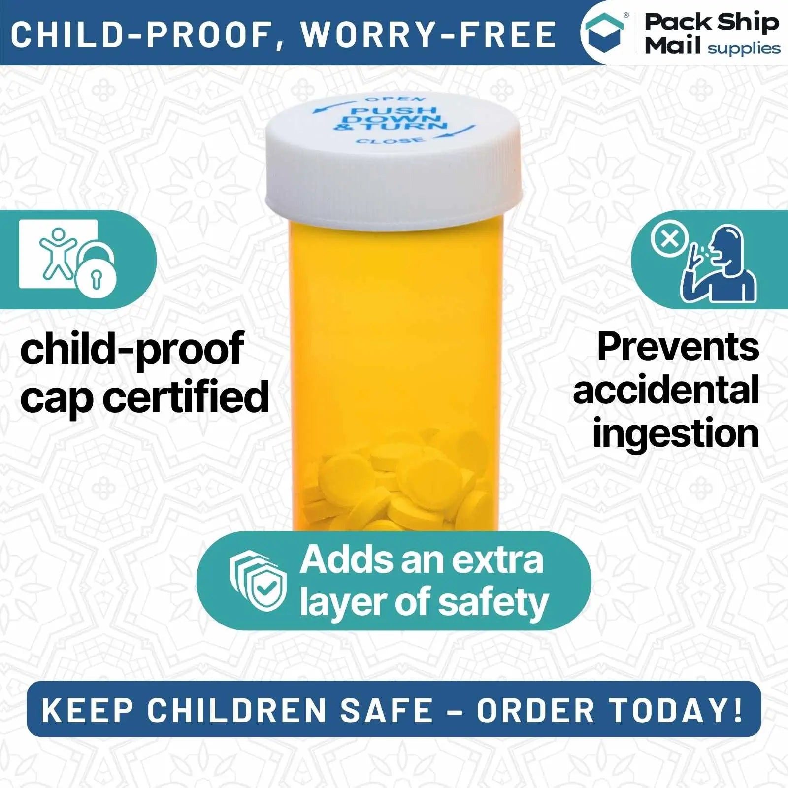 Image of 25 amber vials with child-resistant caps, each holding 40 dram. These vials are packaged in a case.