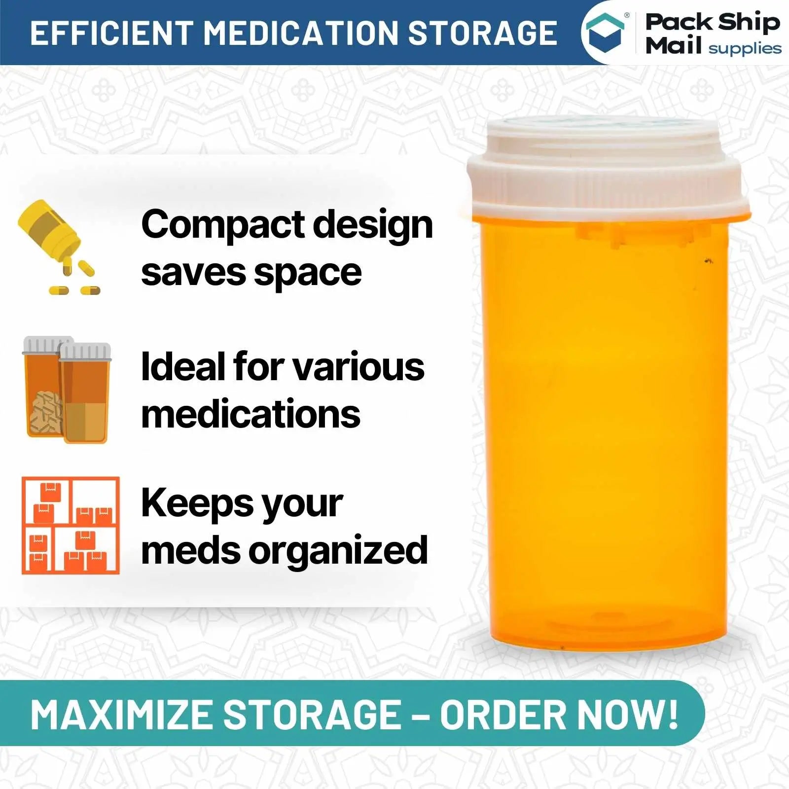 The image showcases a case containing 10 Dram Amber Thumb Tab Reversible Cap Vials, with 25 vials in total.