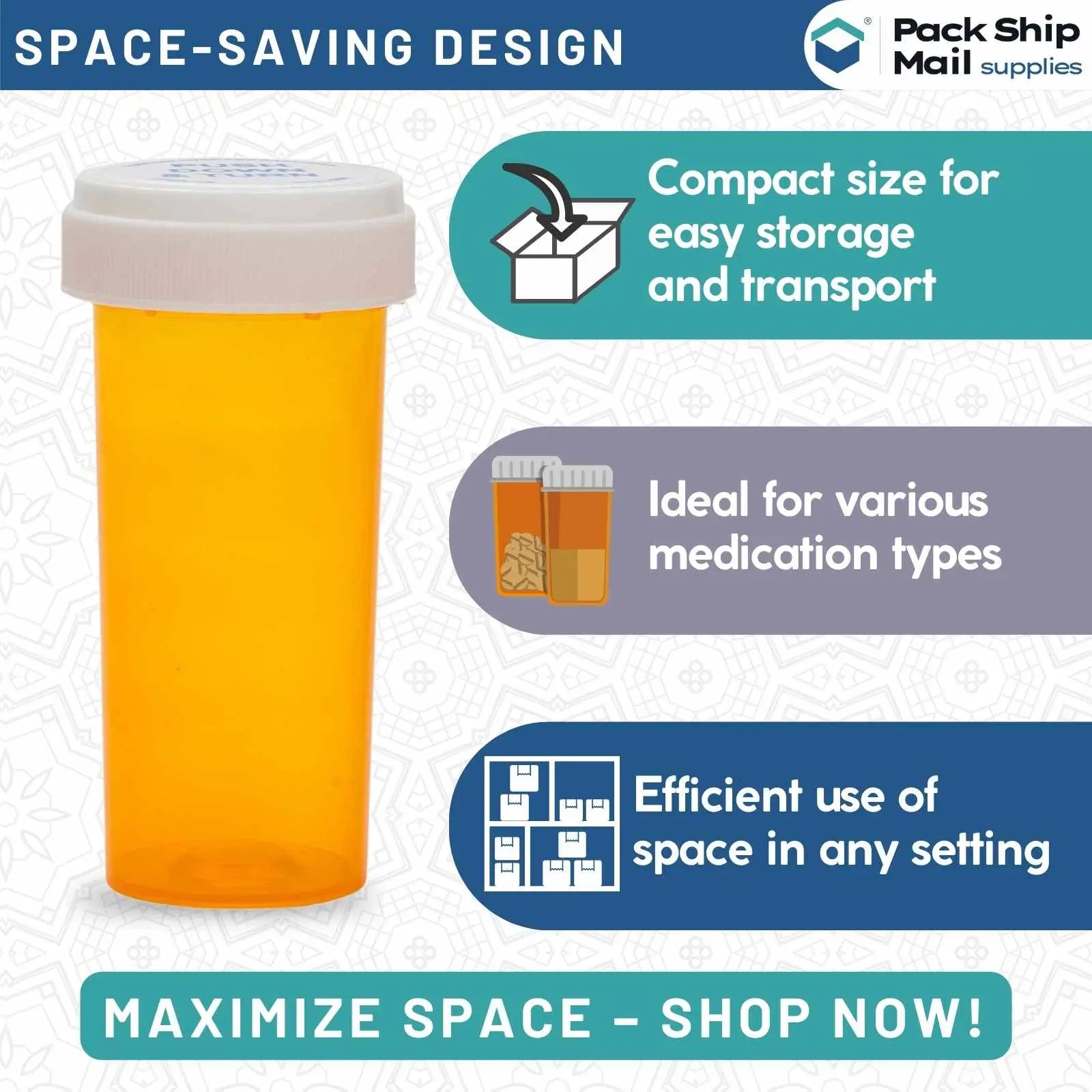 A bulk case of 550, 13 Dram Amber Vials with reversible caps, highlighting their secure and easy-to-use design, perfect for protecting light-sensitive medications.