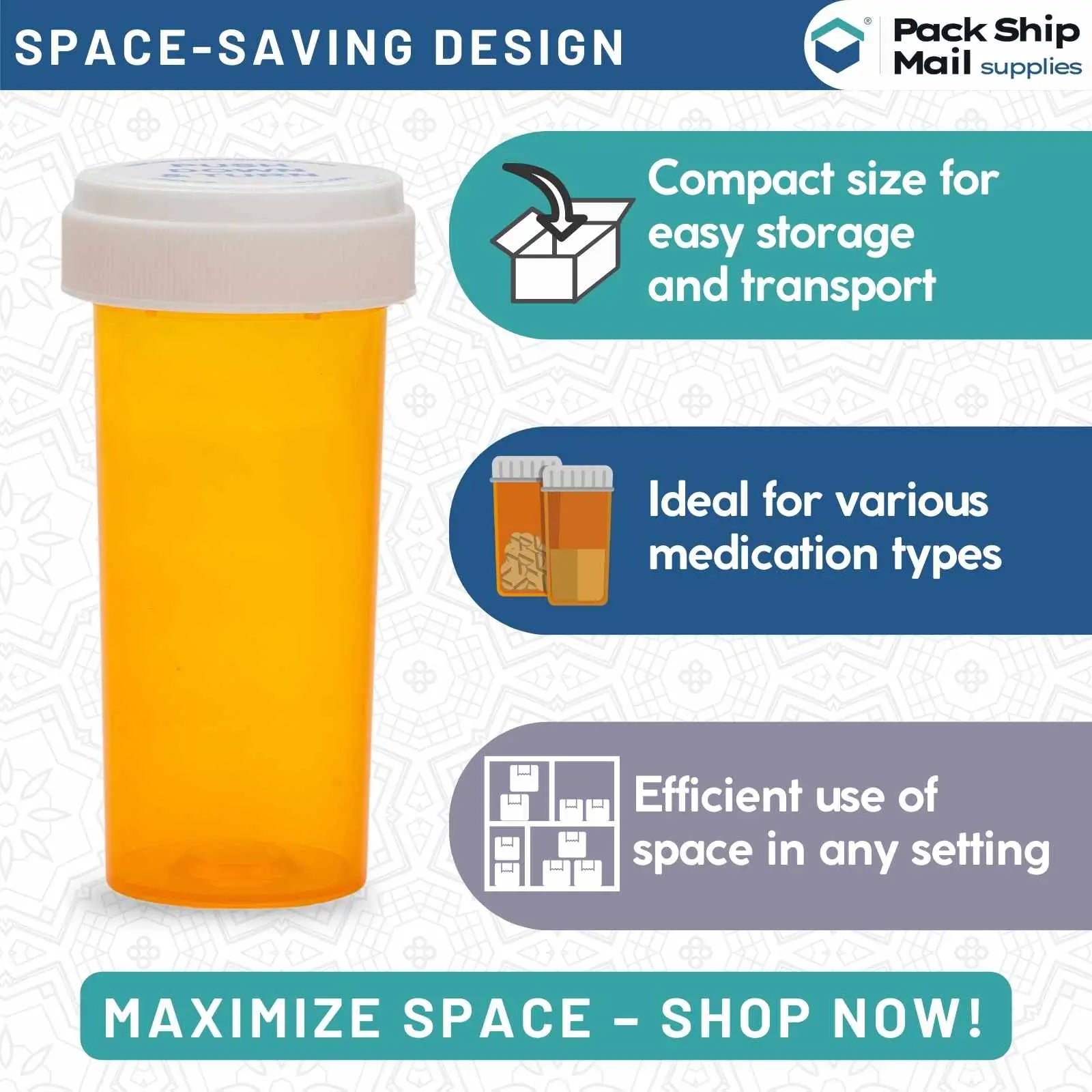 The image showcases a case of 60 dram amber reversible cap vials, containing 12 units.