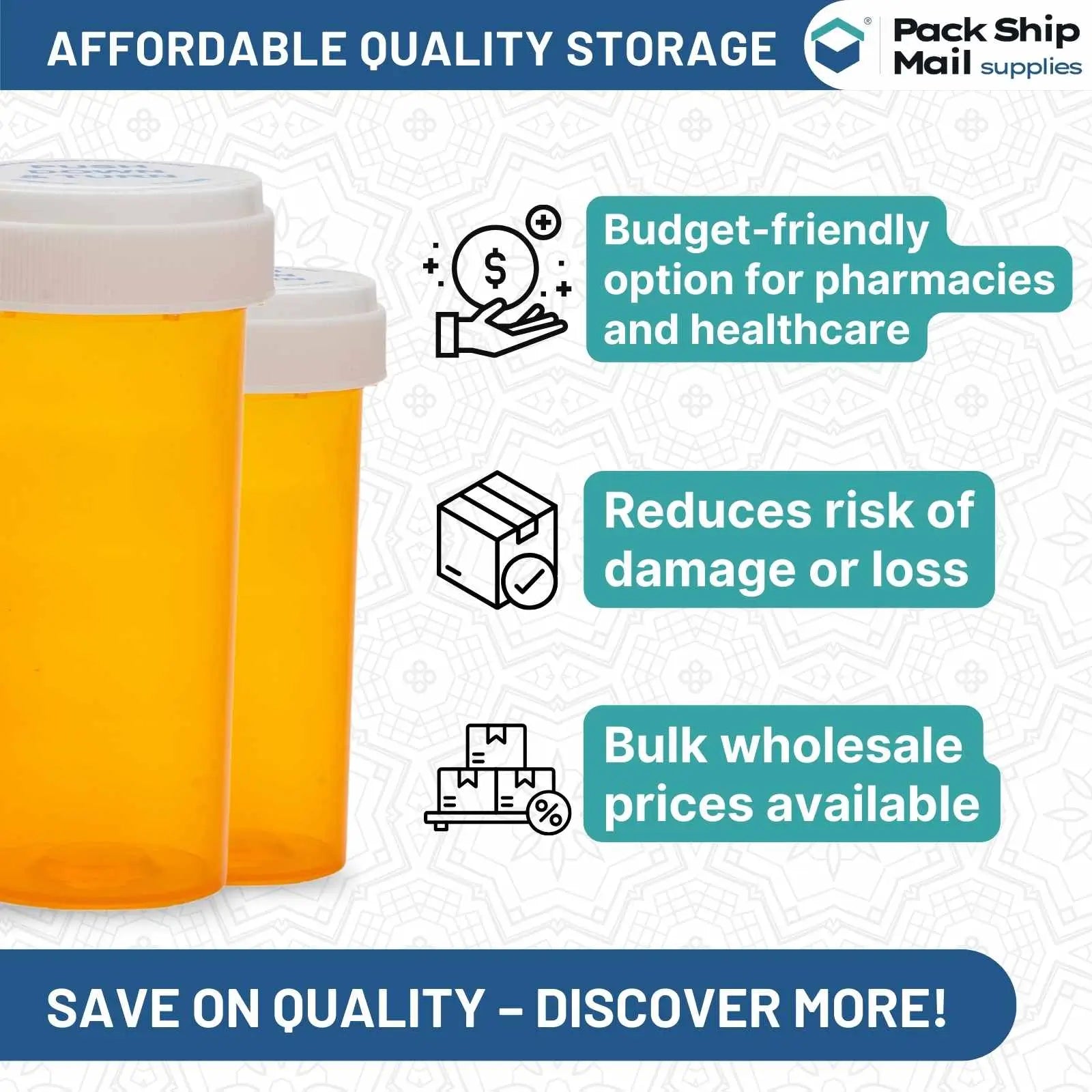 The image showcases a case containing 30 dram amber reversible cap vials, with a total of 50 vials. Ideal for secure storage and organization.