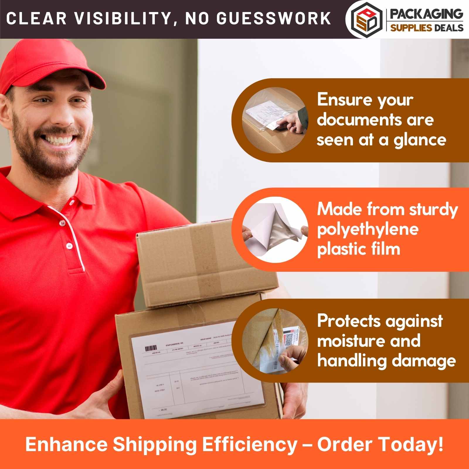 A bulk case of "10 x 12 Clear Packing List Envelopes," showcasing 1000 self-adhesive, transparent envelopes ready for efficient document protection and easy surface application.