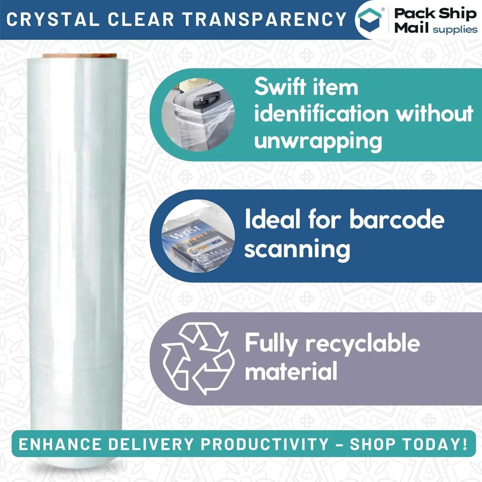 One roll of 20-inch by 5000-feet 80 gauge cast machine stretch clear film, individually packaged in a case.
