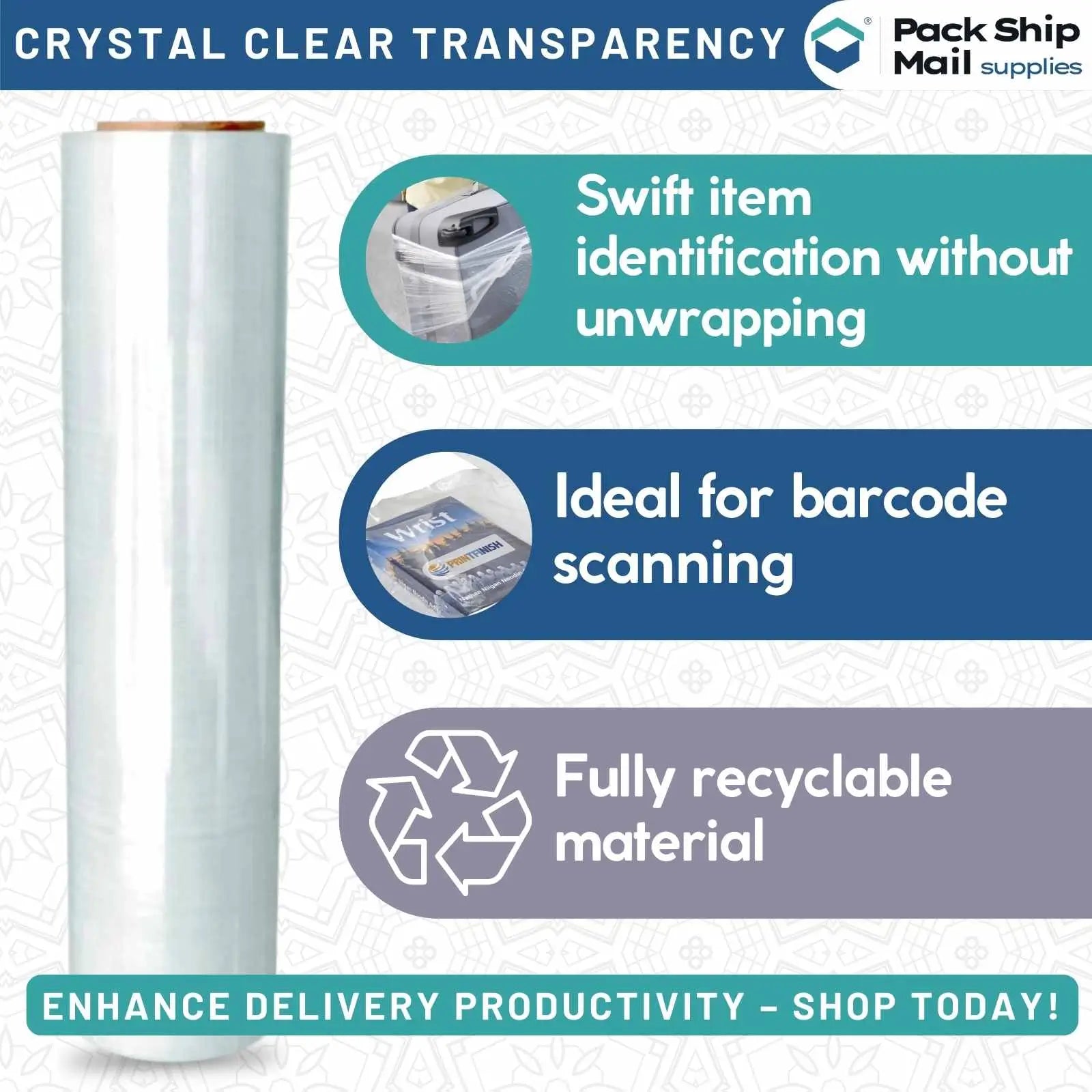 Four rolls of 18-inch by 1000-feet 70 gauge blown stretch clear film, neatly packaged in a case.