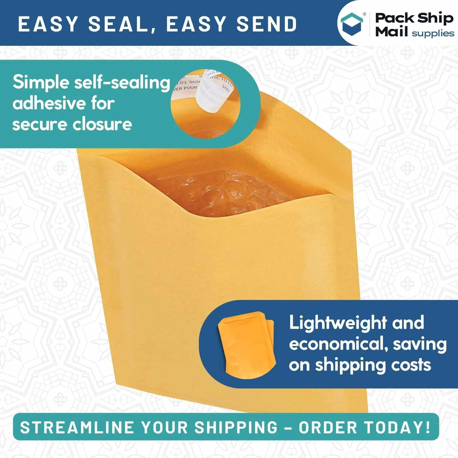 Image: 5 x 10 - #00 Self-Seal Kraft Bubble Mailers, 50 Per Case - Protective mailing envelopes for shipping and packaging.
