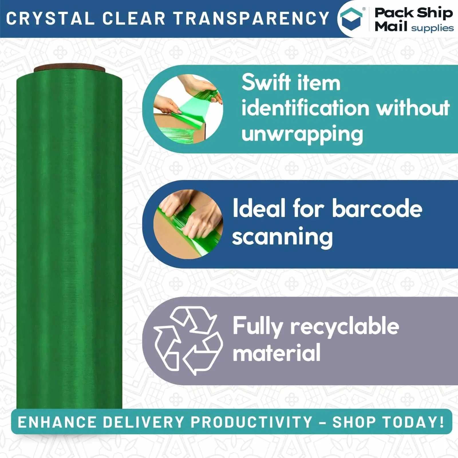 Four rolls of 18-inch by 1000-feet 85 gauge blown stretch green film, neatly packaged in a case.
