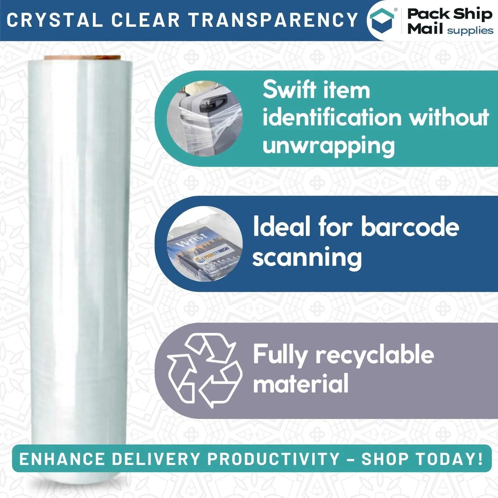 Four rolls of 18-inch by 1000-feet 85 gauge blown stretch clear film, neatly packaged in a case.