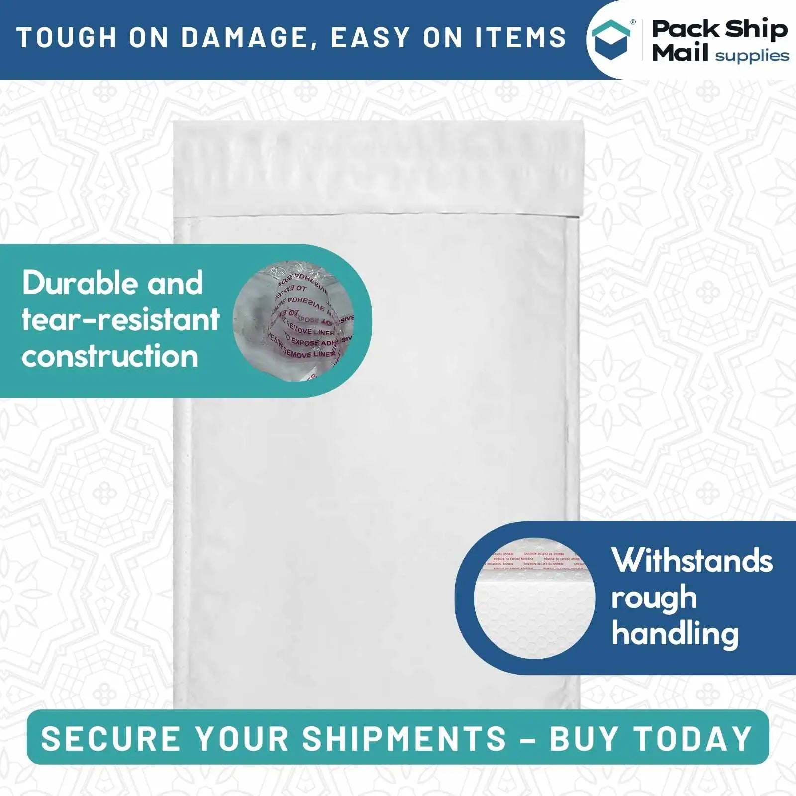 Image showing a case of 10.5 x 15 - #5 Self-Seal White Poly Bubble Mailers, containing 100 mailers.